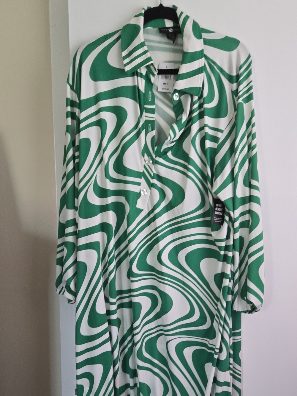 Green and White Swirl Button-Up Tunic Dress